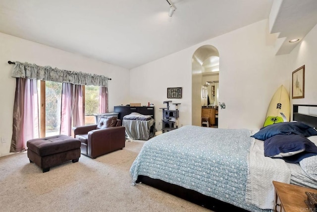 bedroom with light colored carpet and track lighting