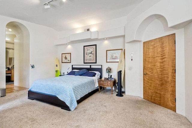 carpeted bedroom with track lighting