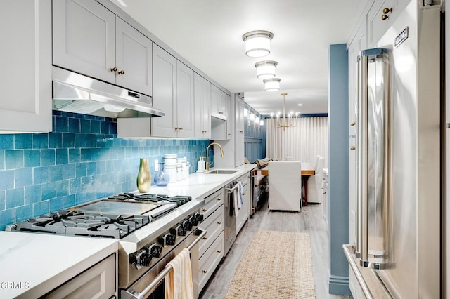 kitchen featuring decorative light fixtures, high end appliances, sink, backsplash, and light wood-type flooring