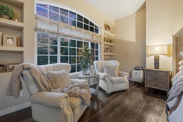 living area with dark hardwood / wood-style floors and built in shelves