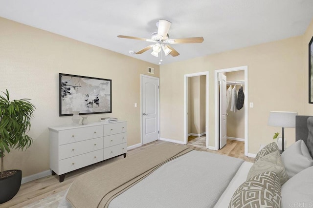 bedroom with ceiling fan, a walk in closet, a closet, and light hardwood / wood-style floors