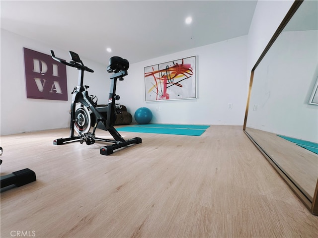 exercise area with light hardwood / wood-style floors