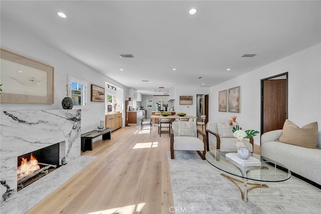 living room with light hardwood / wood-style flooring and a fireplace