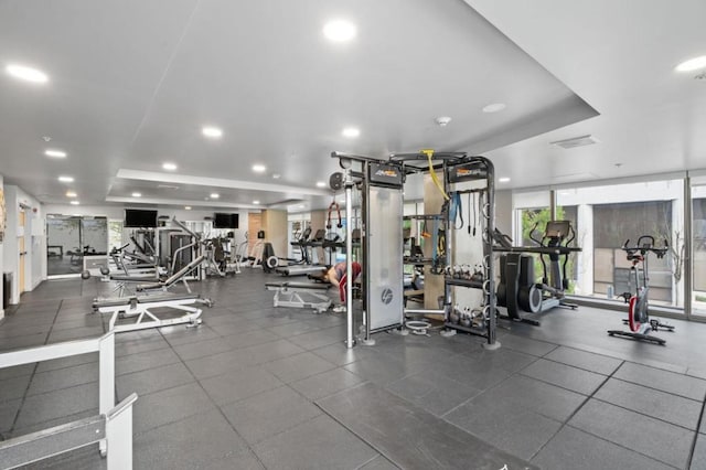 gym with a raised ceiling and expansive windows