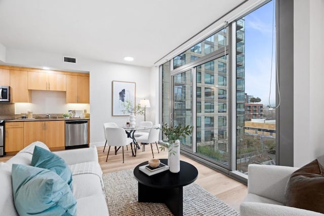 living room with sink, a wall of windows, plenty of natural light, and light wood-type flooring