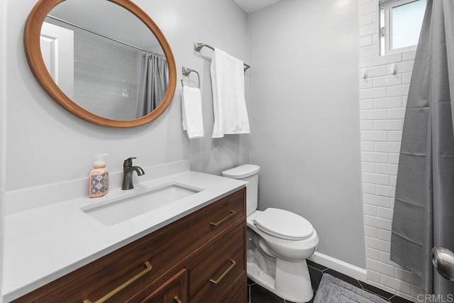 bathroom with toilet, a shower with curtain, tile patterned flooring, and vanity