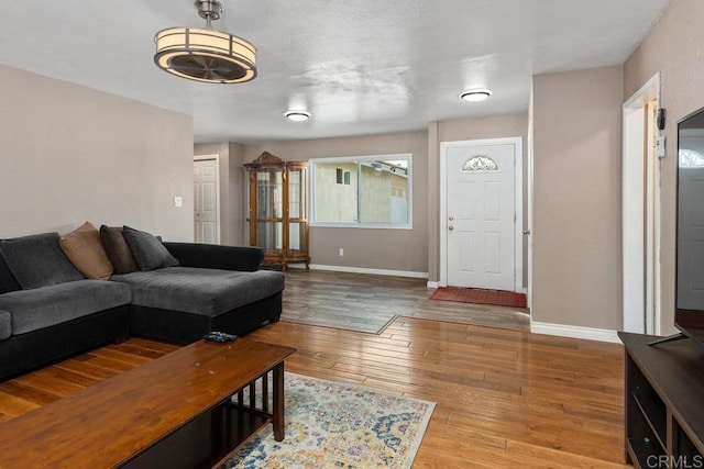 living area featuring baseboards and hardwood / wood-style floors