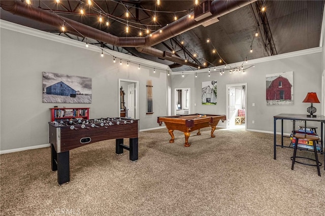 rec room featuring crown molding, billiards, carpet, and a high ceiling