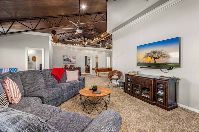 carpeted living room featuring pool table, ornamental molding, beam ceiling, and high vaulted ceiling