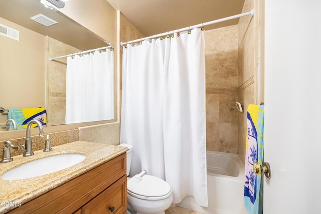 full bathroom with toilet, vanity, and shower / bath combination with curtain