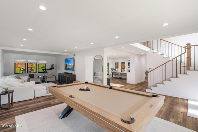 rec room with pool table and dark hardwood / wood-style flooring