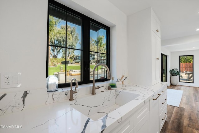 interior space featuring dark hardwood / wood-style floors, white cabinetry, and light stone counters