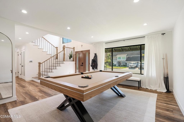 recreation room featuring pool table and hardwood / wood-style flooring