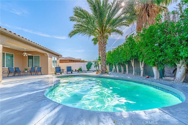 view of pool with ceiling fan and a patio