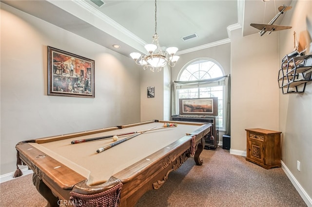 recreation room featuring an inviting chandelier, carpet, ornamental molding, and billiards