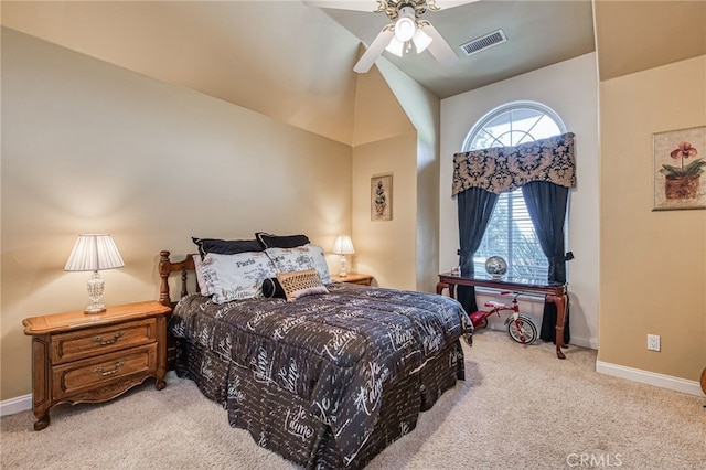 bedroom with light carpet, ceiling fan, and lofted ceiling