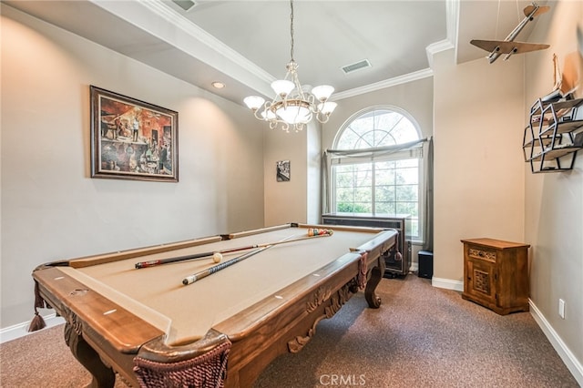 rec room featuring a chandelier, carpet floors, ornamental molding, and billiards