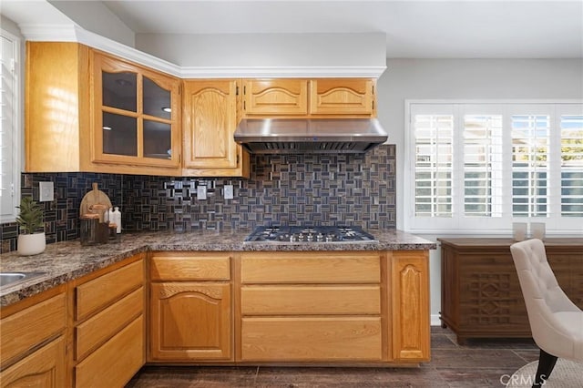 kitchen featuring dark hardwood / wood-style flooring, stainless steel gas cooktop, exhaust hood, and decorative backsplash