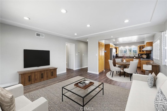 living room with dark wood-type flooring