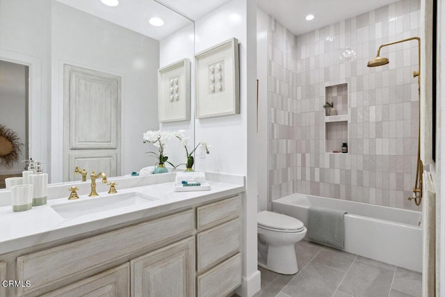 bathroom featuring toilet, shower / washtub combination, recessed lighting, tile patterned flooring, and vanity