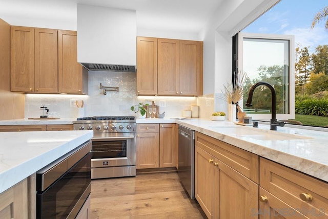 kitchen with custom exhaust hood, light hardwood / wood-style floors, stainless steel appliances, backsplash, and sink