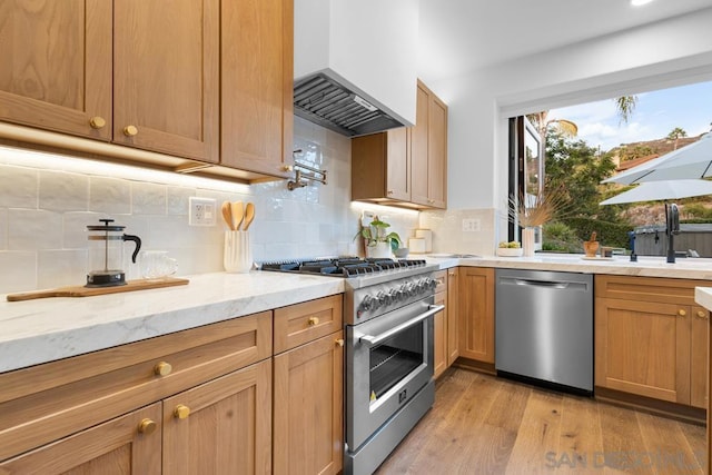 kitchen with appliances with stainless steel finishes, custom exhaust hood, sink, backsplash, and light wood-type flooring