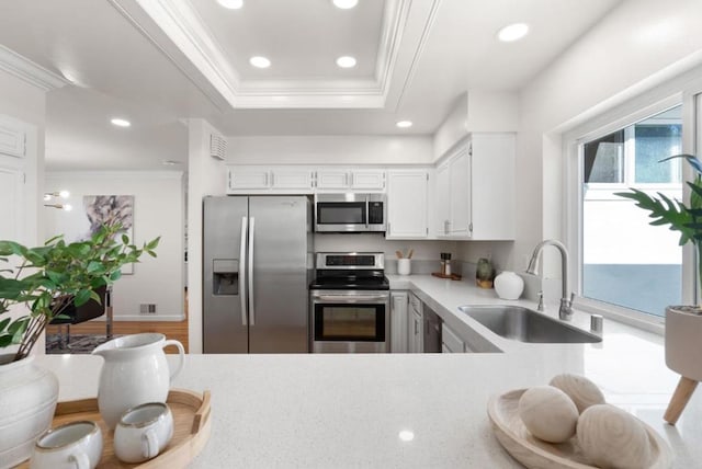 kitchen with sink, appliances with stainless steel finishes, a raised ceiling, kitchen peninsula, and white cabinets