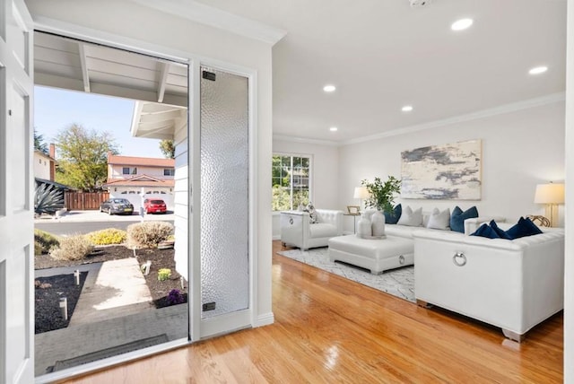 living room featuring ornamental molding and light wood-type flooring