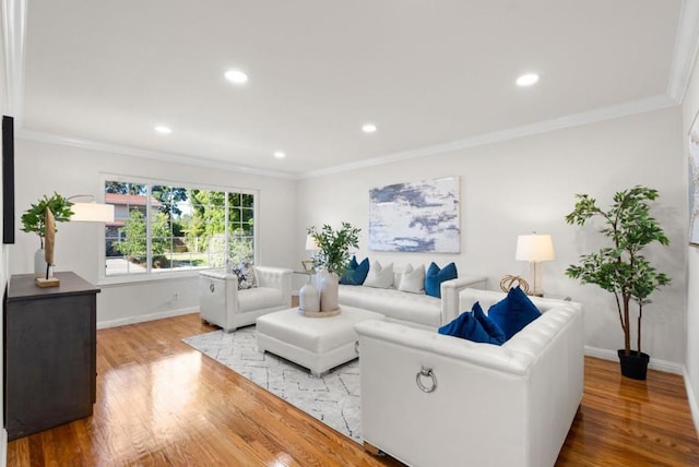 living room featuring ornamental molding and light hardwood / wood-style floors