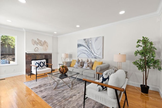 living room with crown molding, a fireplace, and hardwood / wood-style flooring