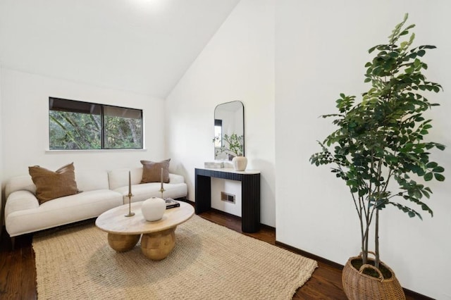 living room with high vaulted ceiling and dark hardwood / wood-style flooring