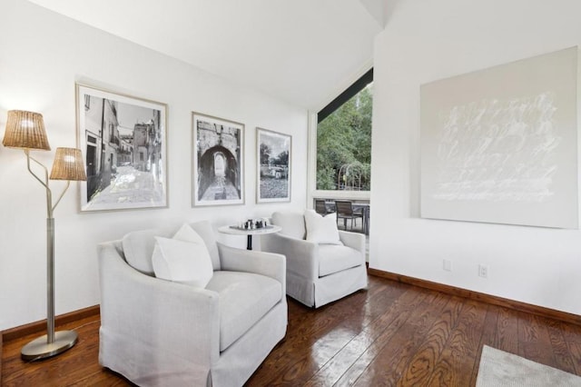 living area featuring dark hardwood / wood-style flooring and vaulted ceiling