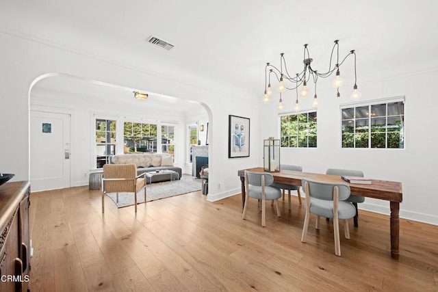 dining room with light hardwood / wood-style floors, a wealth of natural light, and a chandelier