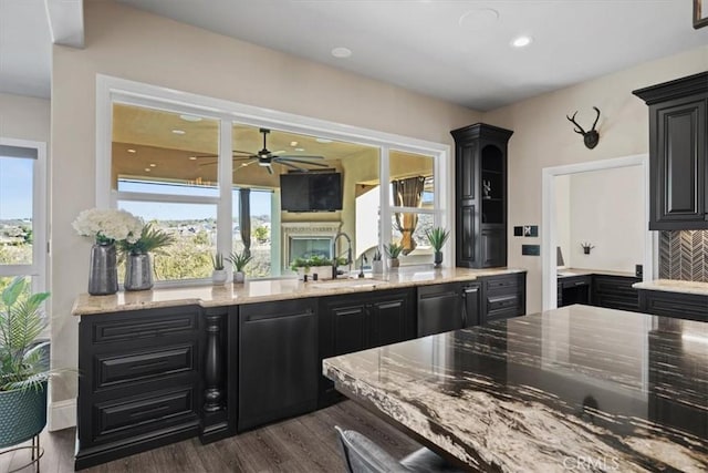 kitchen with dark wood-type flooring, dishwasher, plenty of natural light, and sink