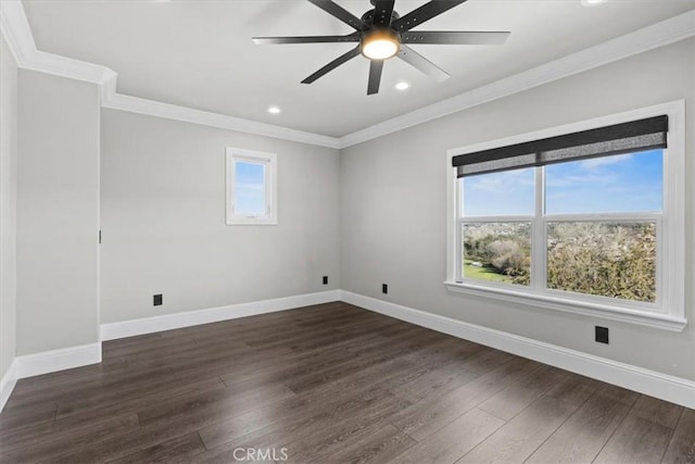 unfurnished room with ceiling fan, dark wood-type flooring, and crown molding