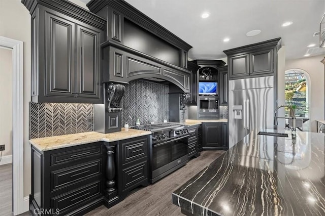 kitchen with dark hardwood / wood-style floors, tasteful backsplash, built in appliances, light stone counters, and sink