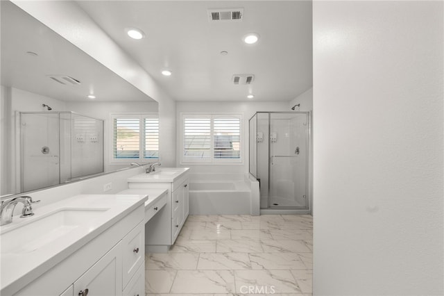 bathroom with plus walk in shower and vanity