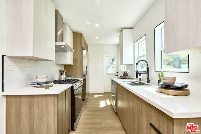 kitchen with light hardwood / wood-style floors, appliances with stainless steel finishes, tasteful backsplash, wall chimney range hood, and sink