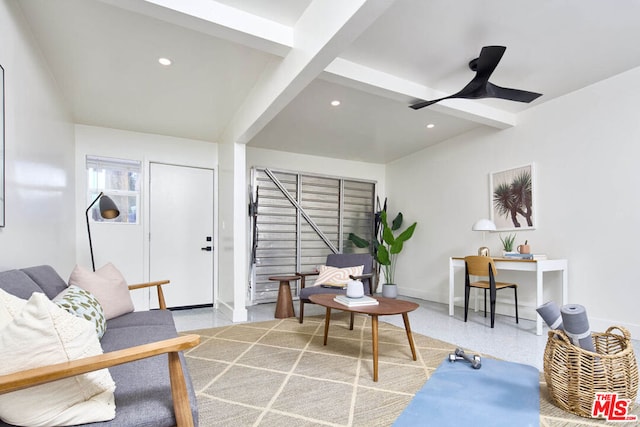 living room with beam ceiling and ceiling fan