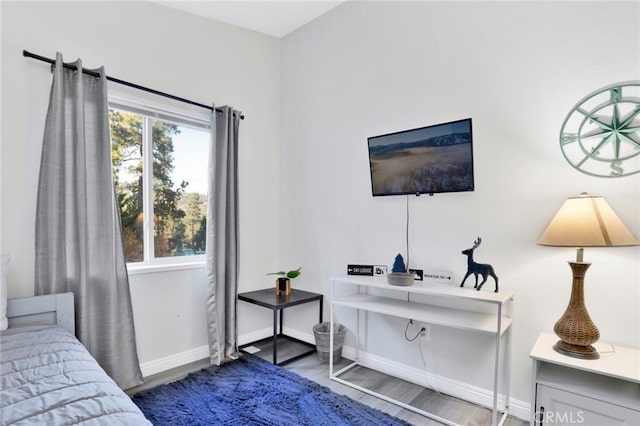 bedroom featuring dark hardwood / wood-style flooring and multiple windows