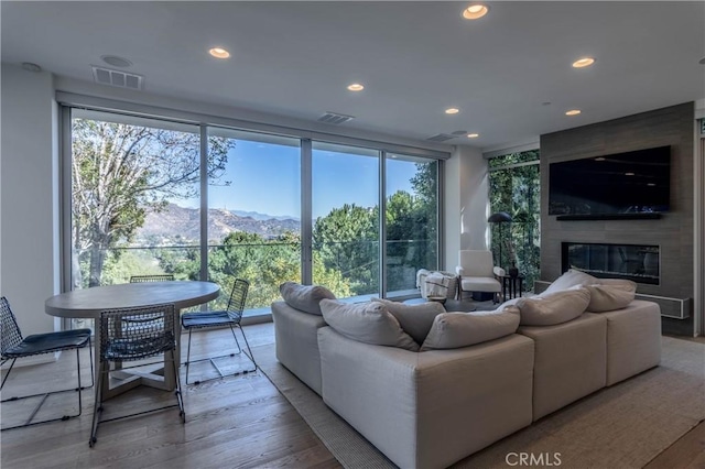 living room with floor to ceiling windows, a wealth of natural light, a fireplace, and light hardwood / wood-style flooring