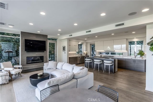 living room featuring hardwood / wood-style flooring, sink, and a large fireplace