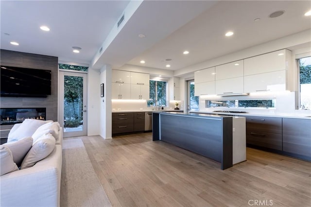 kitchen featuring white cabinets, dark brown cabinets, a kitchen island, and light hardwood / wood-style floors