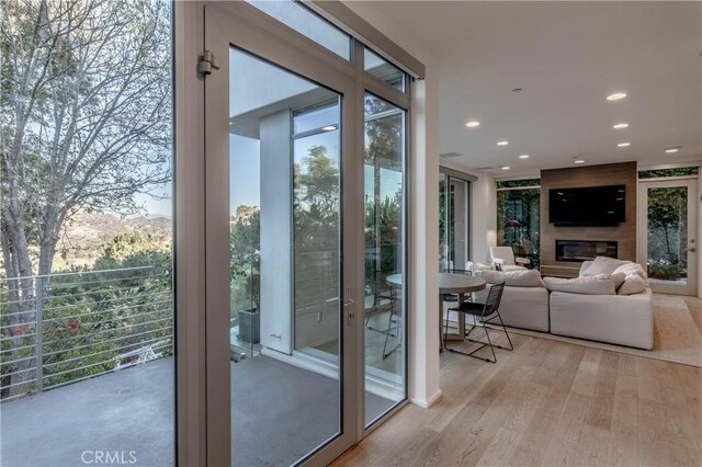 entryway featuring light wood-type flooring and a large fireplace