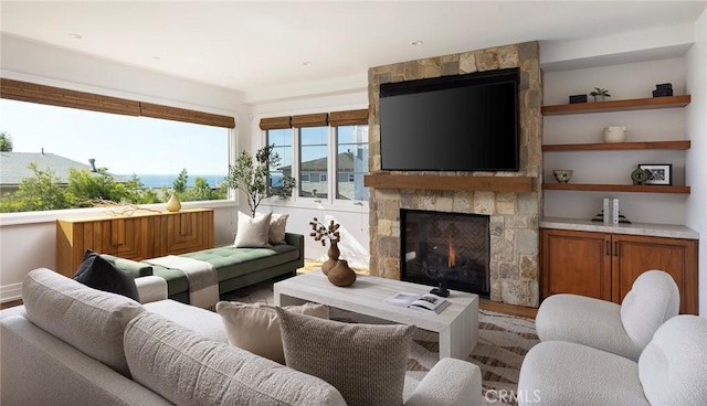 living room featuring hardwood / wood-style floors and a fireplace