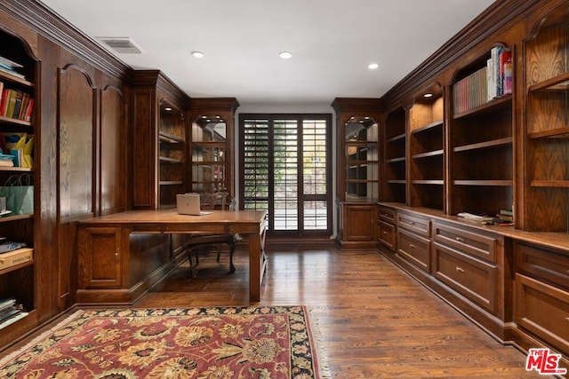 home office featuring dark wood-type flooring