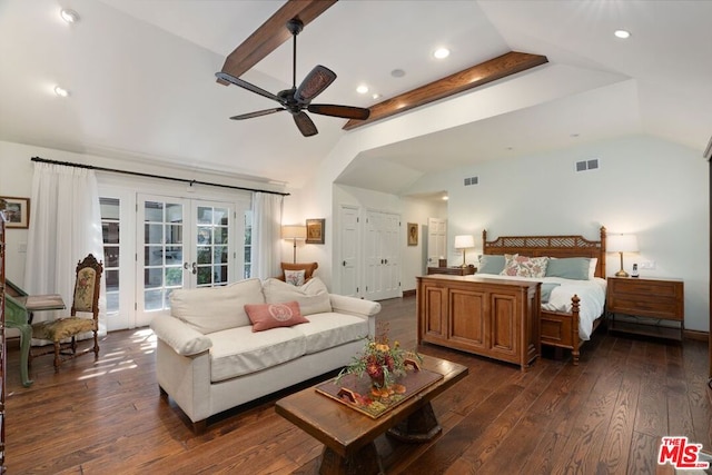 bedroom featuring dark wood-type flooring, ceiling fan, vaulted ceiling, and french doors