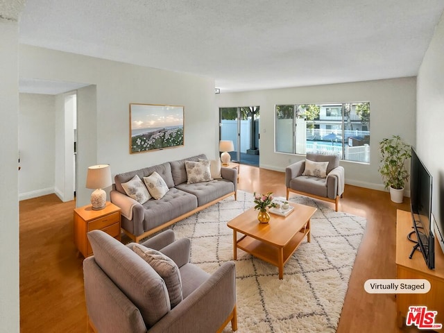 living room with a textured ceiling and light hardwood / wood-style flooring