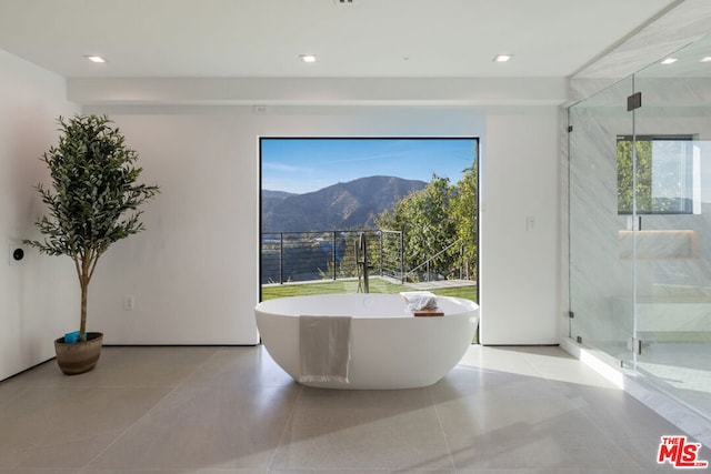 bathroom featuring a mountain view, a washtub, a healthy amount of sunlight, and tile patterned flooring