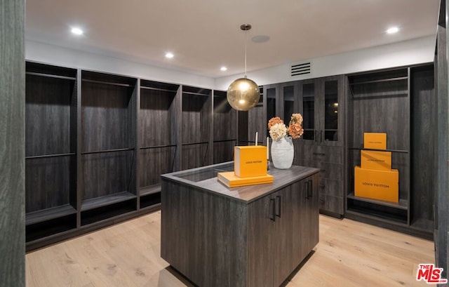 walk in closet with light hardwood / wood-style flooring